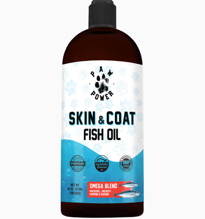 Paw Power Nutrition Dawg Health Skin & Coat supplement with dog and ingredients for healthy skin and shiny coat.