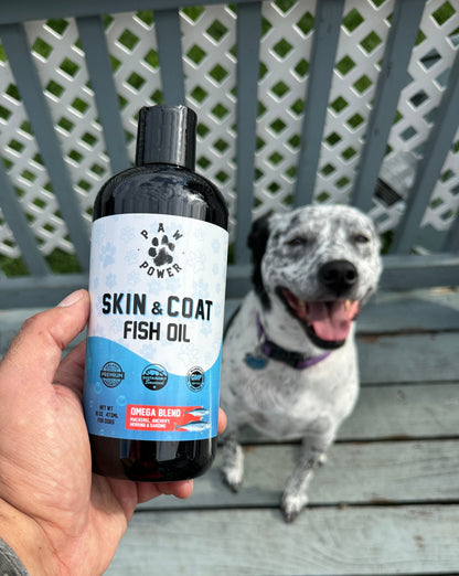 Dawg Health Skin & Coat supplement by Paw Power Nutrition, showing a bottle with capsules and a dog beside it.