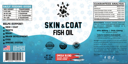 Paw Power Nutrition Dawg Health Skin & Coat supplement bottle with label, featuring images of healthy dogs on a white background
