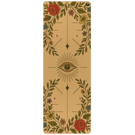 Yoloha Yoga Infinite Bloom Unity Pro cork yoga mat on a wooden floor, showcasing its textured surface and eco-friendly design.