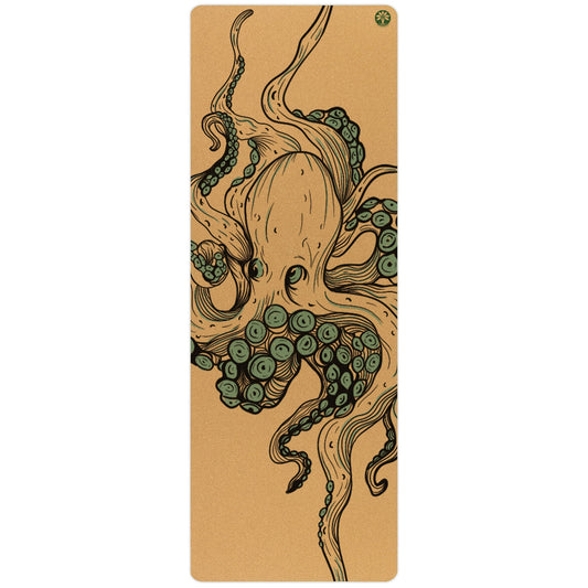 Yoloha Yoga Infinite Transformation Unity Pro cork yoga mat laid out on wooden floor, showing textured surface for yoga and Pilates practice