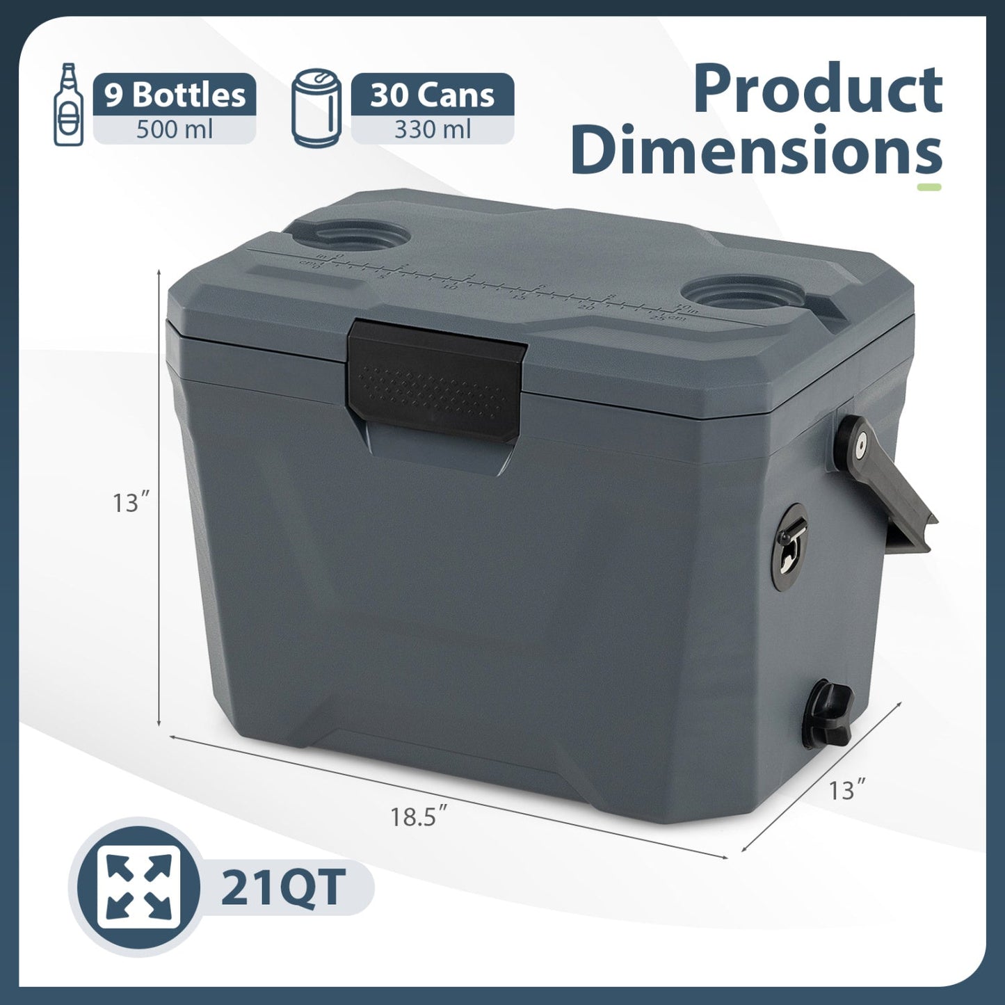Insulated Portable Cooler Hard Shell Ice Chest with 2 Cup Holders