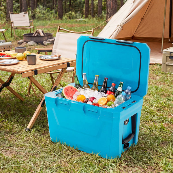 GemGear insulated portable cooler hard shell ice chest with 2 cup holders, bottle opener, and drain plug for outdoor use