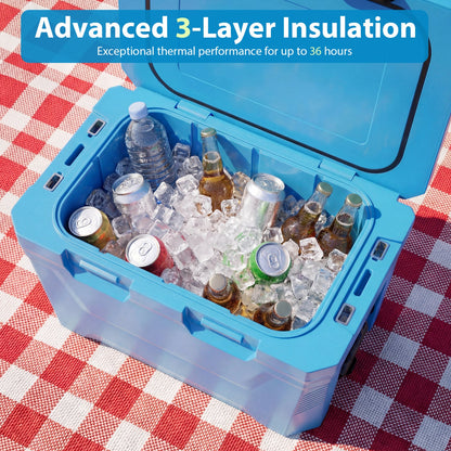Insulated Portable Cooler Hard Shell Ice Chest with 2 Cup Holders Bottle Opener and Drain Plug