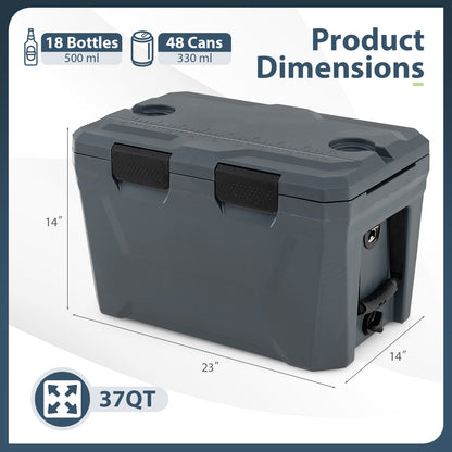 Insulated Portable Cooler Hard Shell Ice Chest with 2 Cup Holders Bottle Opener and Drain Plug