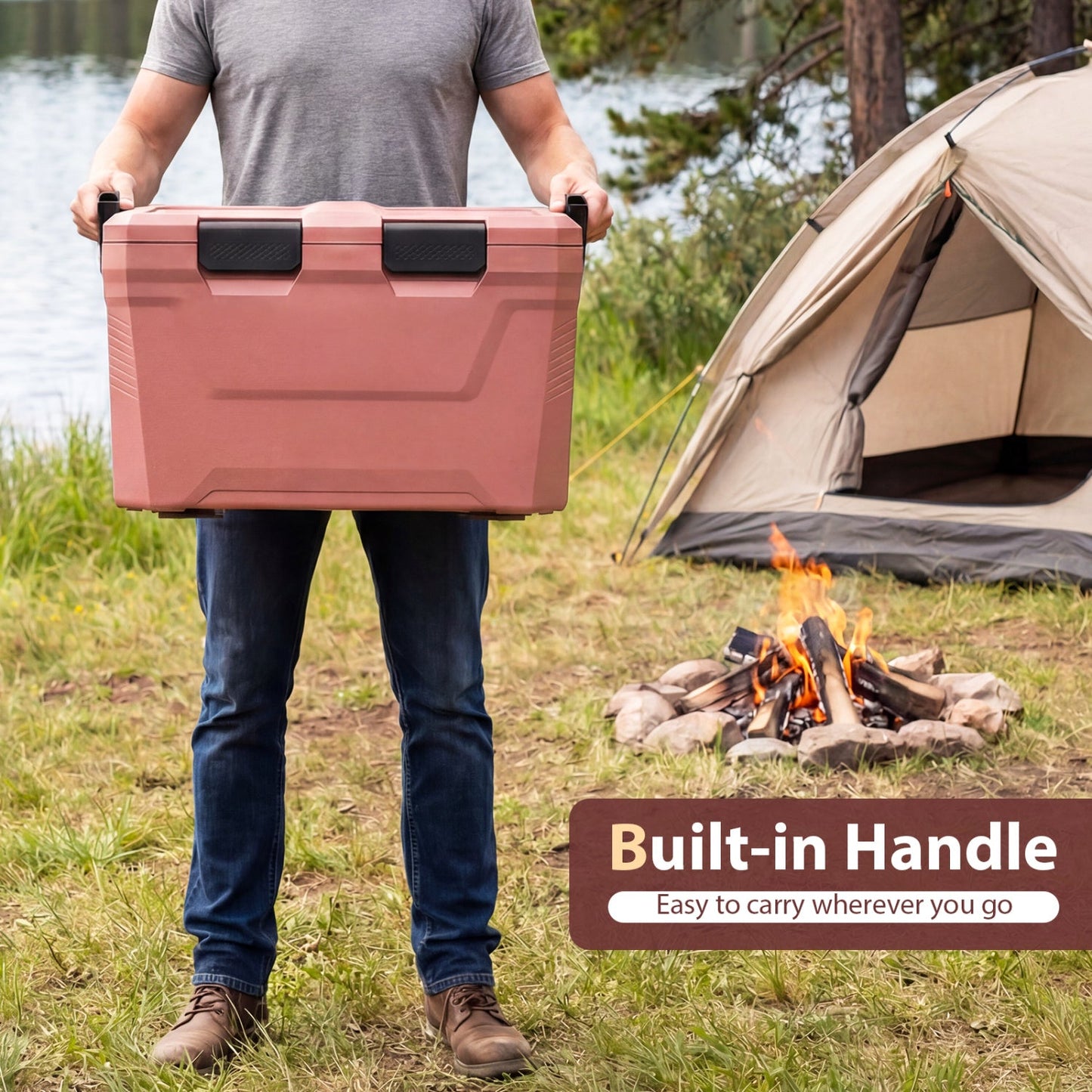 Insulated Portable Cooler Hard Shell Ice Chest with 2 Cup Holders Bottle Opener and Drain Plug