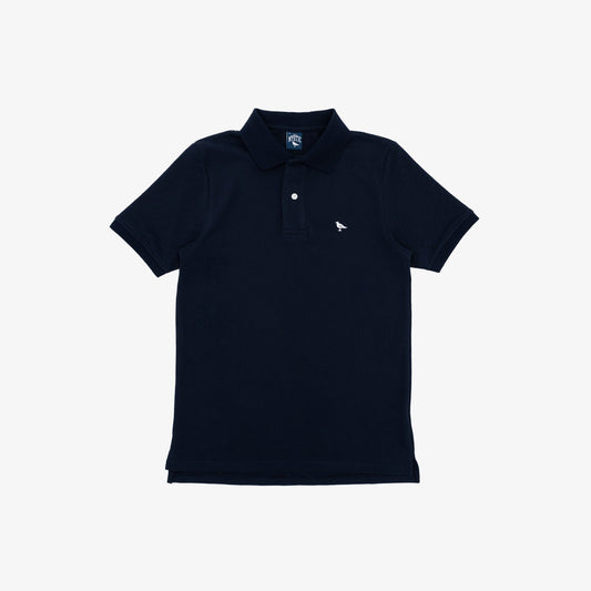 Men's navy classic polo shirt by The Just Brand, shown unbuttoned from the front with a collar and short sleeves.
