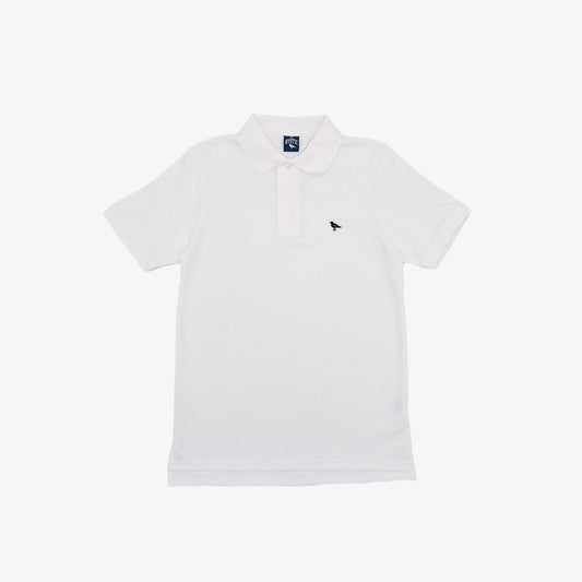 White classic polo shirt by The Just Brand with a buttoned front and collar, displayed on a mannequin.