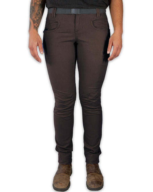 Dark brown Kestral women's pants by Off The Grid Surplus, shown in a front view with a relaxed fit and casual style.