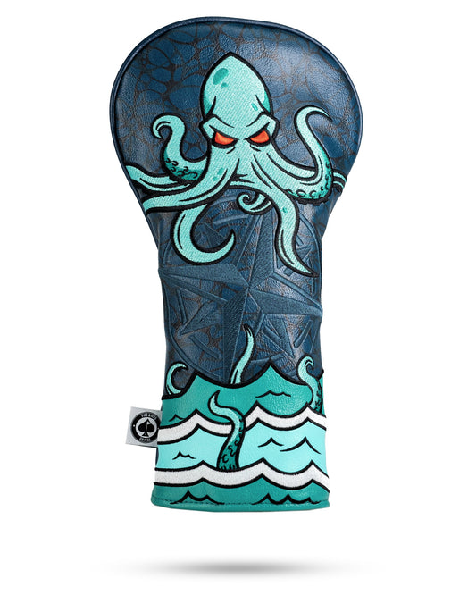 Pins and Aces Kraken driver cover headcover featuring a detailed Kraken design for golf clubs.