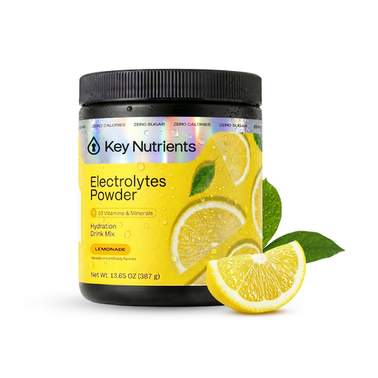 Lemonade flavor Key Nutrients Electrolyte Recovery Plus Powder in a scoop, sugar-free electrolyte supplement for hydration.