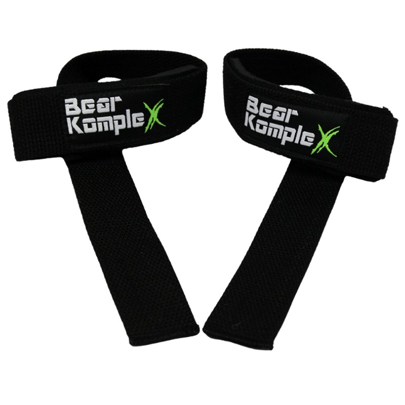 Black Bear KompleX lifting straps for weightlifting, showing the durable fabric and reinforced stitching for secure grip during lifts.