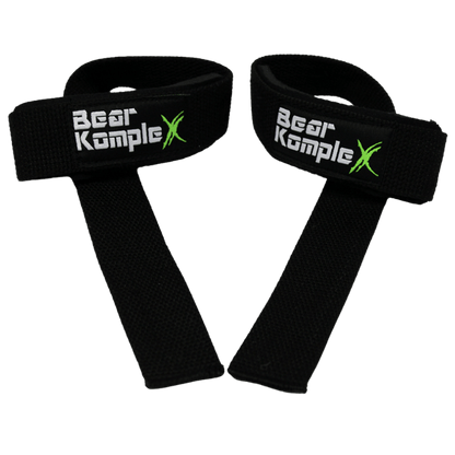 Black Bear KompleX lifting straps for weightlifting, showing the durable fabric and reinforced stitching for secure grip during lifts.