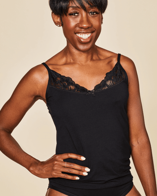 Black Meadow Luna Lace cotton cami sports bra with lace detailing and a fitted front design.
