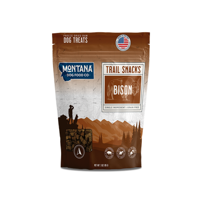 Freeze-dried bison liver dog treats from Montana Dog Food Co, showing a 3oz bag of raw, natural dog treats on a white background.