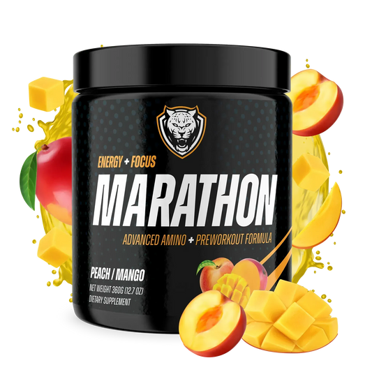 Health supplement by 6AM RUN featuring peach and mango flavor, shown in a sleek bottle with colorful label design.