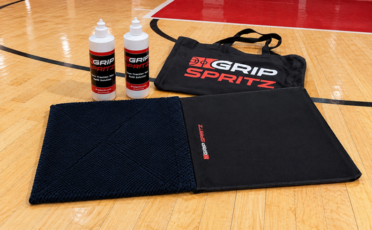 Grip Spritz traction mat for basketball shoes, courtside grip pad to improve shoe grip on the basketball court.