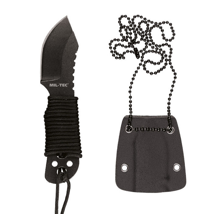 Black Mil-Tec® paracord knife with a durable handle and sharp blade, designed for outdoor and survival use.