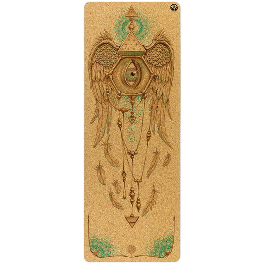 Yoloha Yoga Mind of the Universe Nomad cork yoga mat laid flat, featuring natural cork surface and textured grip for yoga and Pilates exercises.