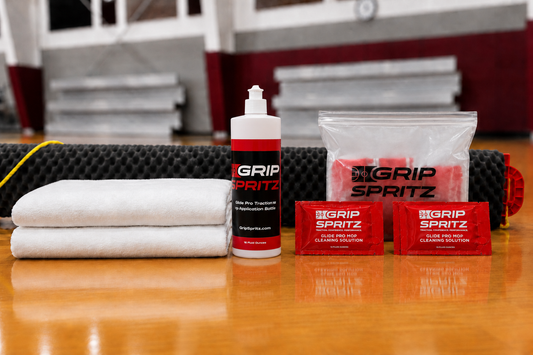 Grip Spritz basketball court mop for cleaning and maintaining gym floors with a complete court cleaning system.