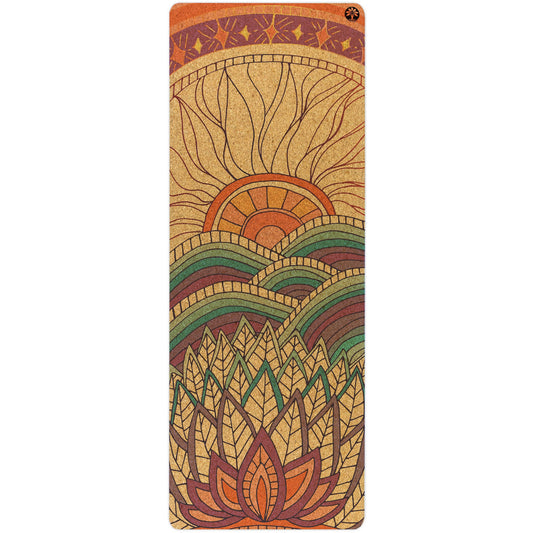 Yoloha Yoga Mountain Magic Nomad cork yoga mat with textured surface, rolled up on a wooden floor, ideal for yoga and Pilates practice.
