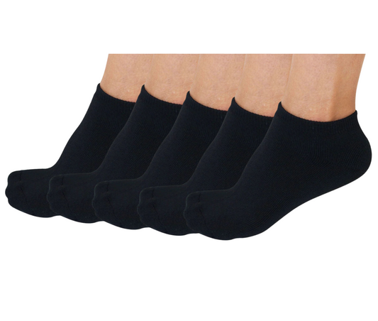 Unisex black bamboo viscose no-look anklet socks in a 5-pack by Spun Bamboo, shown stacked and folded with a smooth finish.