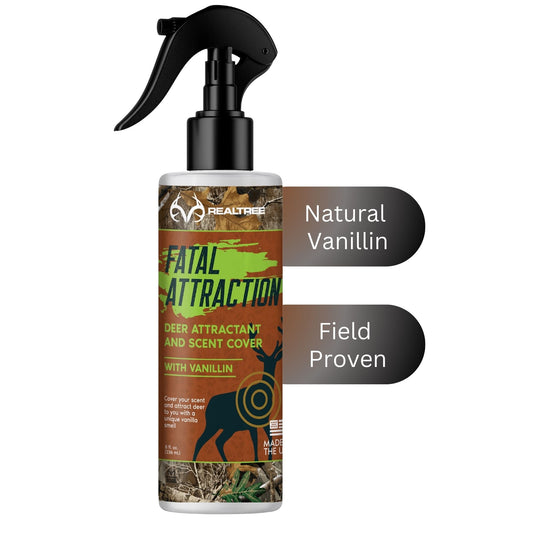 Zone Protects Deer Sugar Realtree Fatal Attraction vanillin deer attractant scent cover in a natural setting with a container of attractant.