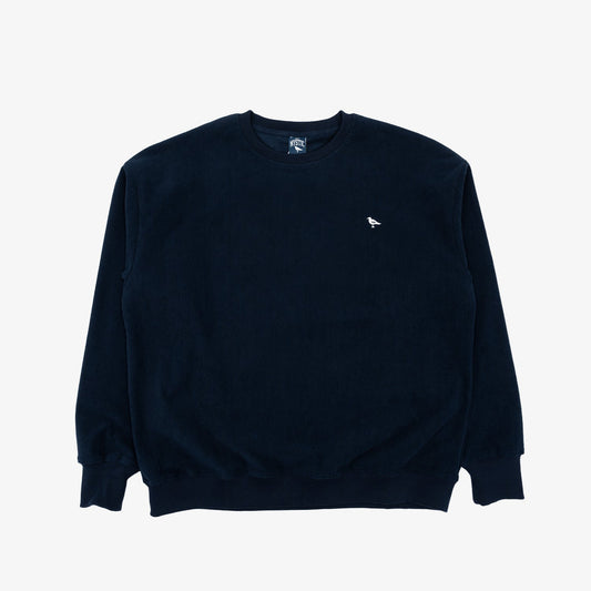 Navy corduroy crewneck sweatshirt by The Just Brand, front view showing textured fabric and classic crewneck design.
