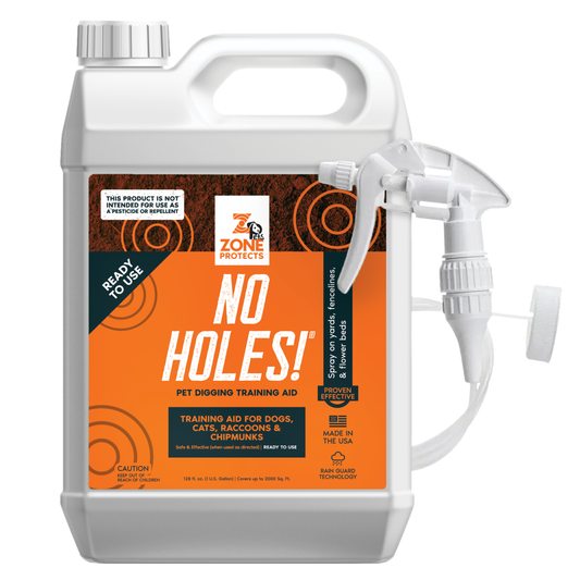 Zone Protects No Holes! Gallon trigger sprayer for pet training aids, featuring a no holes design for effective digging prevention.
