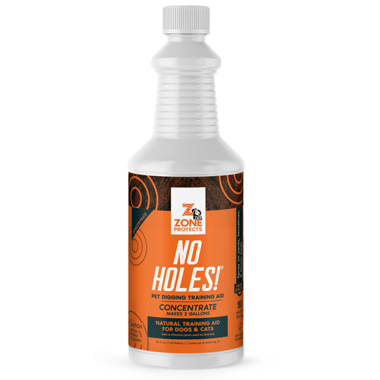 Zone Protects No Holes! Digging Prevention Concentrate for pet training aids, shown in a container with the product label.