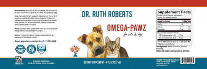 Omega Pawz Liquid Omega 3 Oil for dogs and cats in a bottle, pet supplement from Dr. Ruth Roberts for healthy skin and coat.