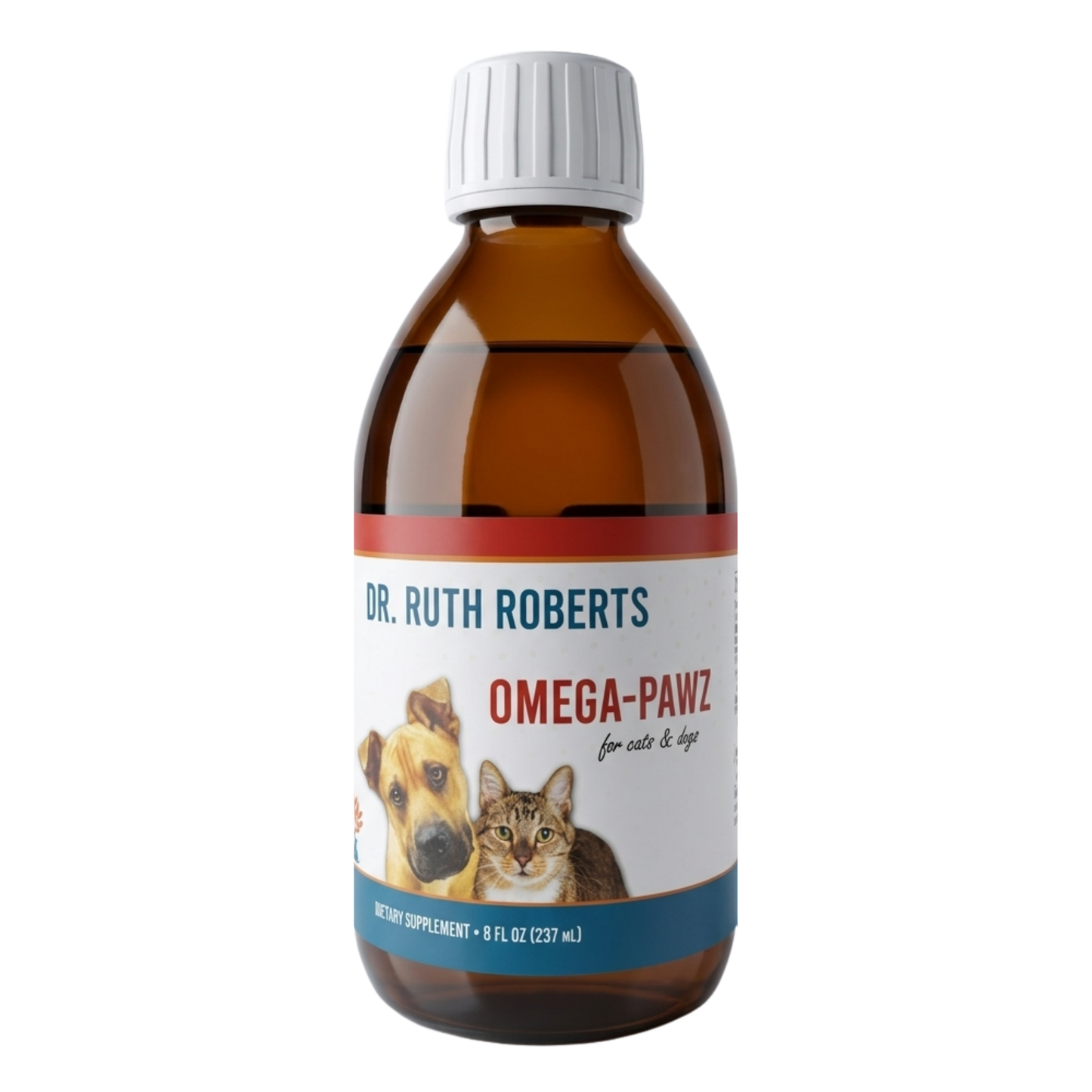 Bottle of Omega Pawz Liquid Omega 3 Oil for dogs and cats by Dr. Ruth Roberts, featuring the product label and packaging.