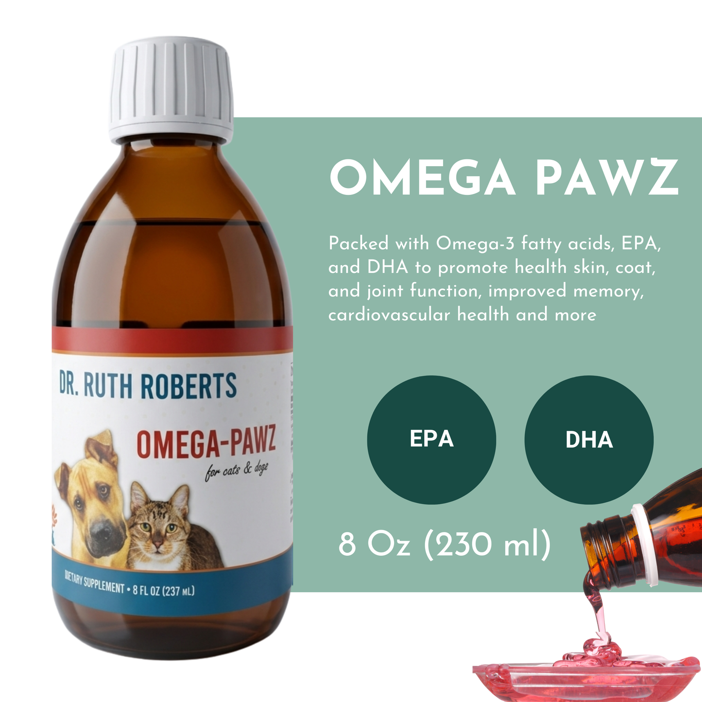 Bottle of Omega Pawz Liquid Omega 3 Oil for dogs and cats by Dr. Ruth Roberts, with pet food and supplement labels visible.