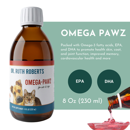 Bottle of Omega Pawz Liquid Omega 3 Oil for dogs and cats by Dr. Ruth Roberts, with pet food and supplement labels visible.