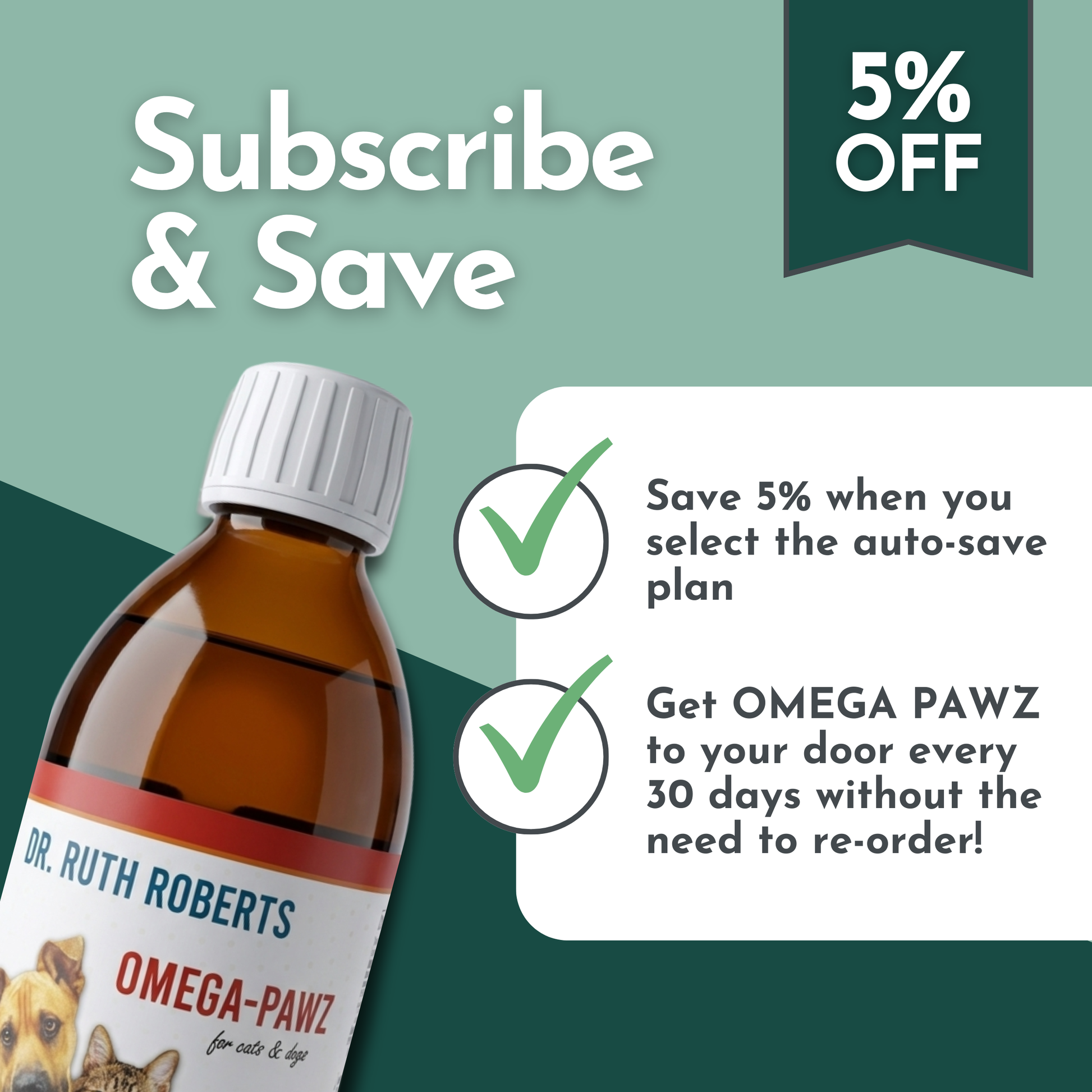 Omega Pawz Liquid Omega 3 Oil for dogs and cats by Dr. Ruth Roberts, shown in a bottle with a dropper for pets' health.