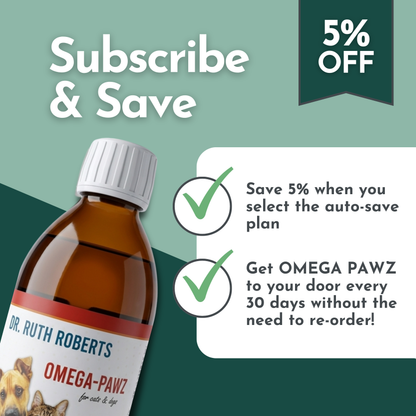 Omega Pawz Liquid Omega 3 Oil for dogs and cats by Dr. Ruth Roberts, shown in a bottle with a dropper for pets' health.