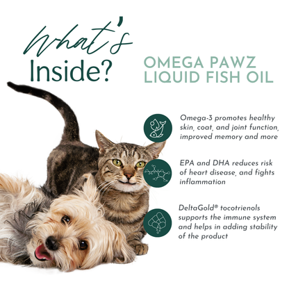 Bottle of Omega Pawz Liquid Omega 3 Oil for dogs and cats from Dr. Ruth Roberts, with a pet-friendly design and clear label.
