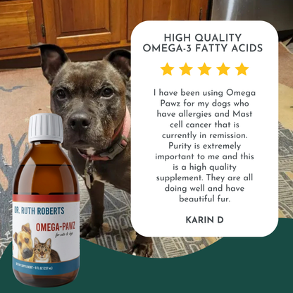 Omega Pawz Liquid Omega 3 Oil for dogs and cats by Dr. Ruth Roberts, featuring a bottle of pet supplement with a dropper.