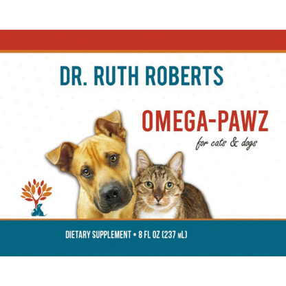 Bottle of Omega Pawz Liquid Omega 3 Oil for dogs and cats by Dr. Ruth Roberts, featuring the product label on the front.