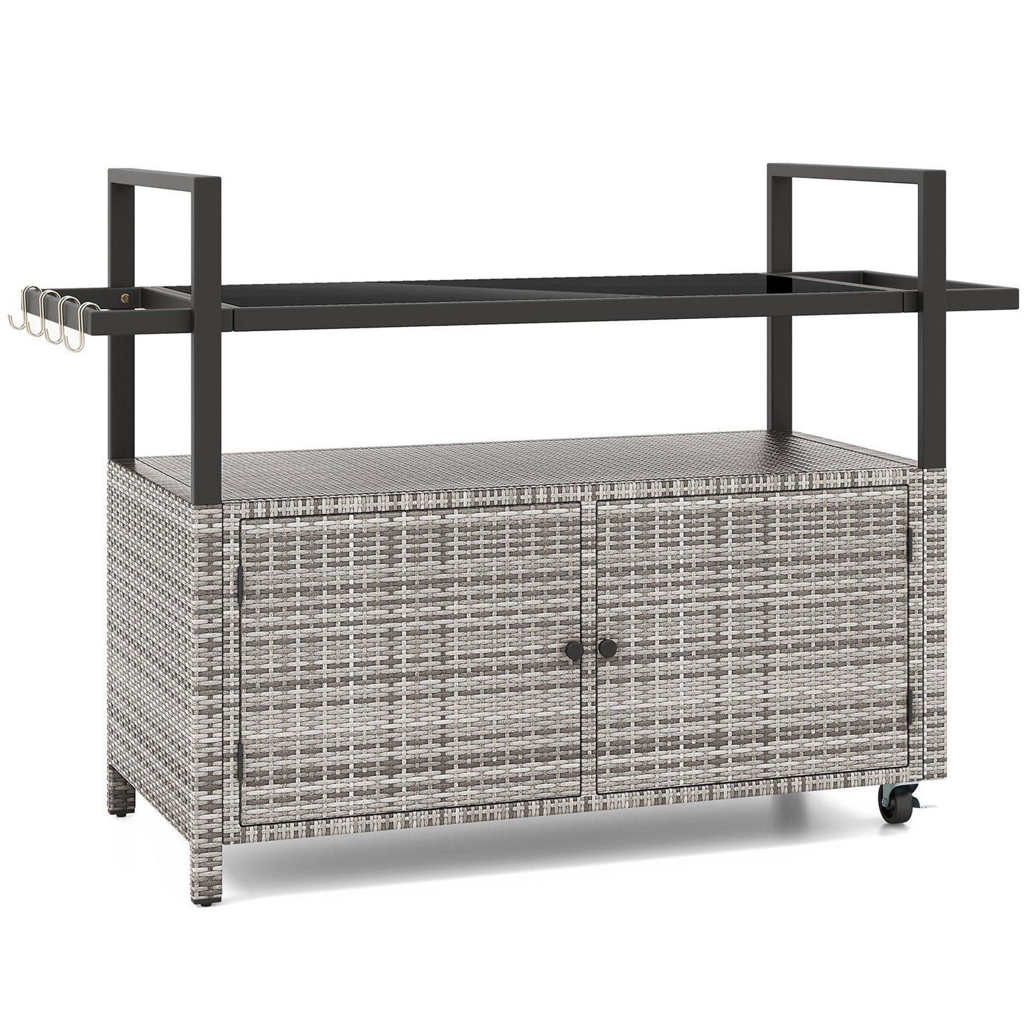 Outdoor Bar Cart Wicker Buffet Serving Cart with Cabinet and 8 Hooks