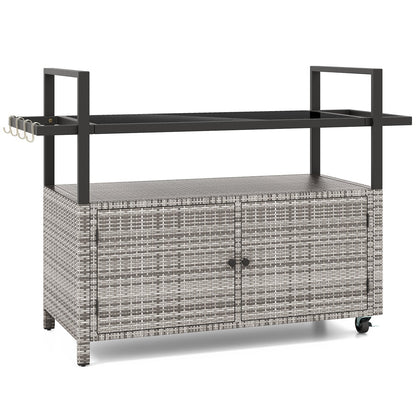 Outdoor Bar Cart Wicker Buffet Serving Cart with Cabinet and 8 Hooks