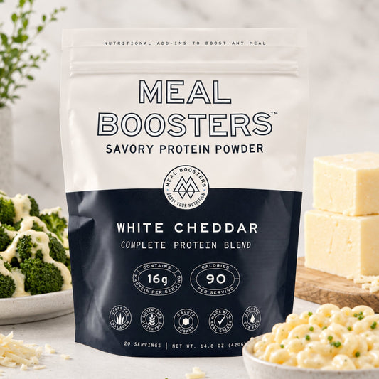White Cheddar Collagen+ Protein Blend powder by Meal Boosters in a resealable bag, showcasing the product packaging.