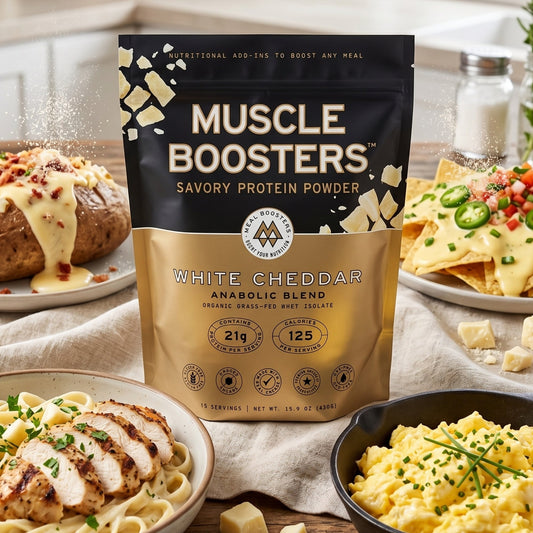 White cheddar flavored Muscle Boosters protein powder from Meal Boosters, showcasing the anabolic blend packaging.