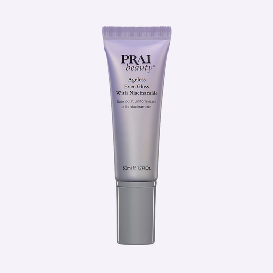 PRAI Beauty Ageless Even Glow serum with Niacinamide in a 50ml bottle, designed to enhance skin brightness and reduce signs of aging.
