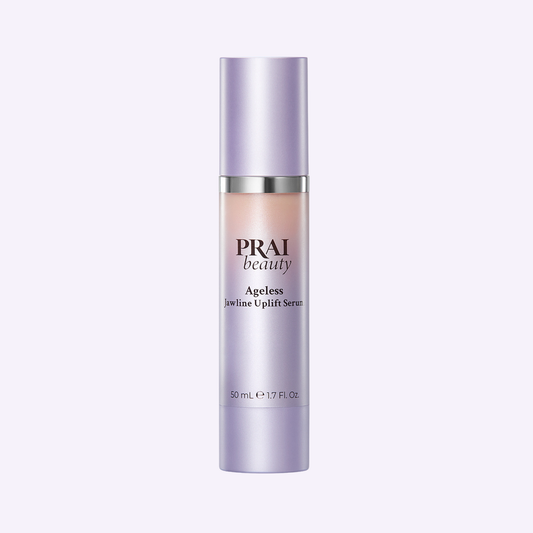PRAI Beauty Ageless Throat Uplift Serum bottle, 50ml, designed to enhance jawline and neck firmness with anti-aging ingredients.