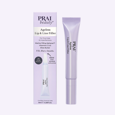 PRAI Beauty Ageless Lip & Line Filler tube showing the 8ml applicator for reducing fine lines and enhancing lip appearance.
