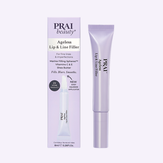 PRAI Beauty Ageless Lip & Line Filler tube showing the 8ml applicator for reducing fine lines and enhancing lip appearance.