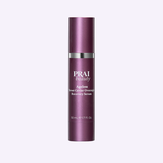 PRAI Beauty Ageless Throat Caviar Overnight Recovery Serum in a 50ml bottle, designed to rejuvenate and hydrate the throat area overnight.