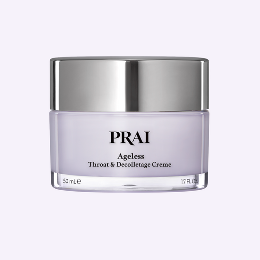 PRAI Beauty Ageless Throat and Decolletage neck cream in a jar, designed for anti-aging care of the neck and décolletage area.