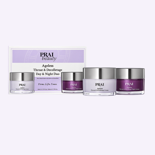 PRAI Beauty Ageless Throat & Decolletage Day and Night Set with two 50ml bottles for skin renewal and anti-aging.